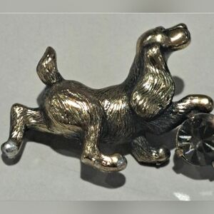 Danny Pollak Dog with Rhinestone Ball Brooch, Green Brass Tone - Signed